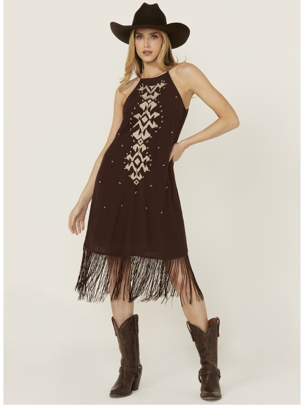 Shyanne Brown Fringe Halter Midi Dress with Aztec Embroidery